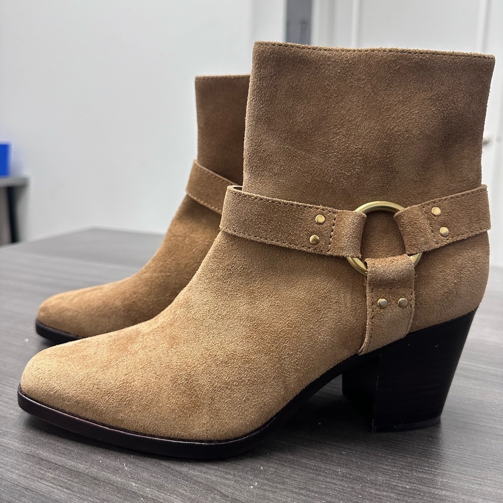 PAIGE Tan Suede Ankle Booties with Gold Buckle